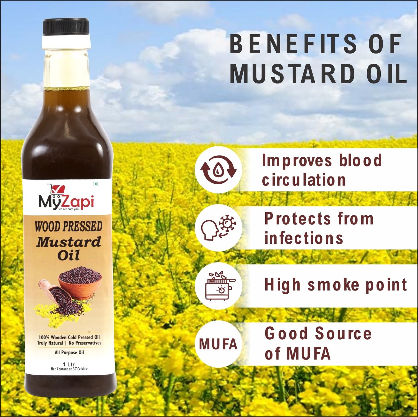 MyZapi Organic Wood Pressed Black Mustard Oil - 1 Litre | Kolhu/Kacchi Ghani/Chekku | Natural | Chemical-Free | Cold Pressed Mustard Oil for Cooking