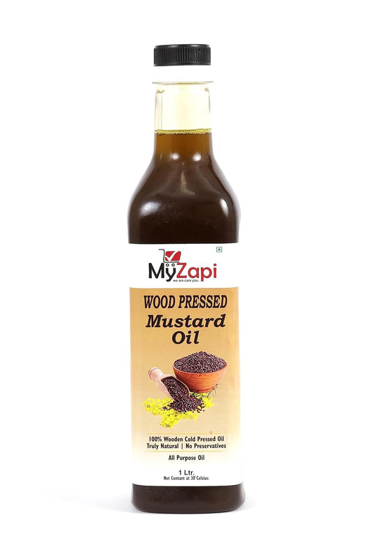 MyZapi Organic Wood Pressed Black Mustard Oil - 1 Litre | Kolhu/Kacchi Ghani/Chekku | Natural | Chemical-Free | Cold Pressed Mustard Oil for Cooking